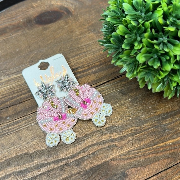 Jewelry - Baby Shower Party Baby Girl Carriage Beaded Statement Earrings
